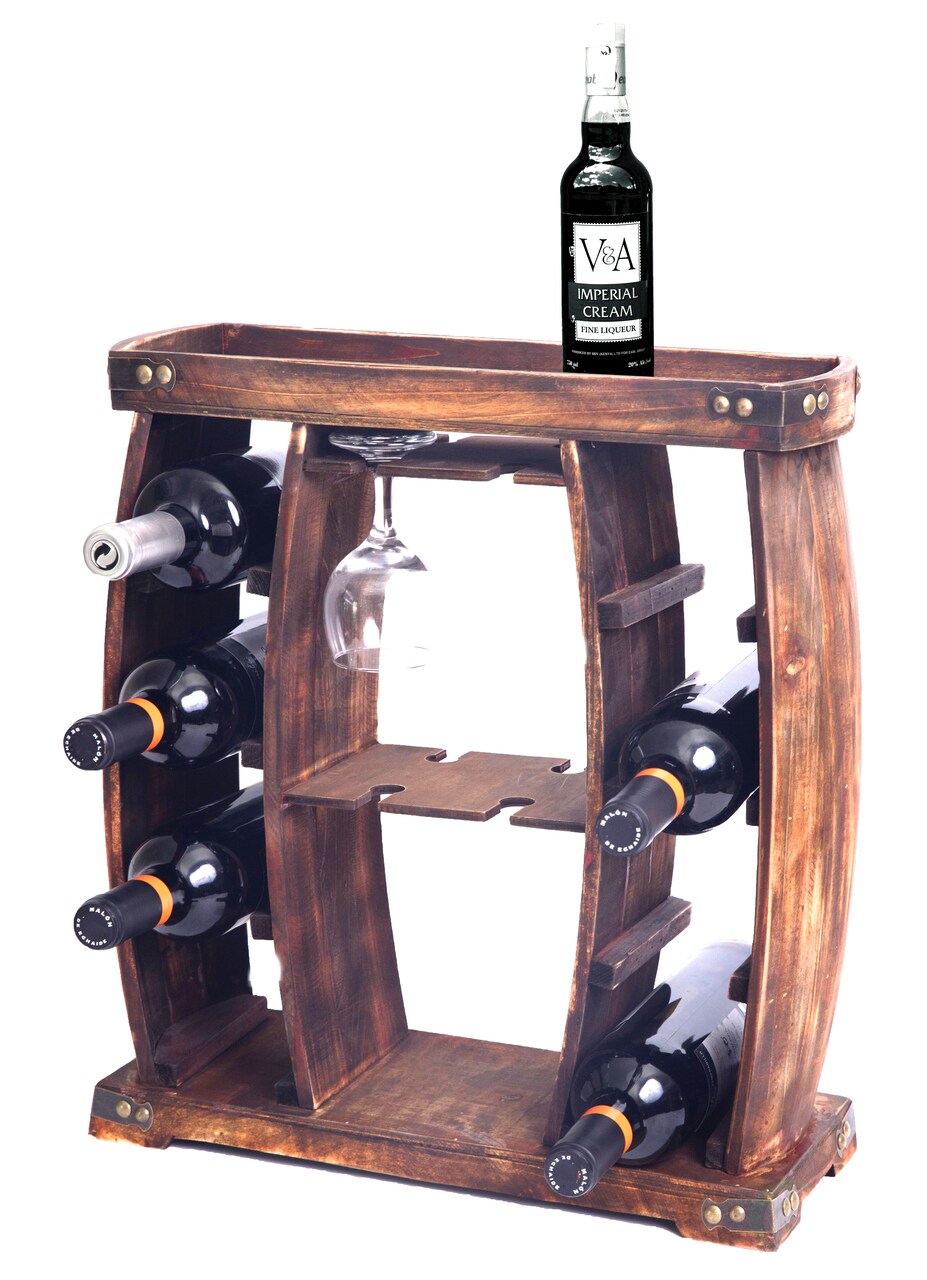 Rustic Wooden Wine Rack with Glass Holder, 8 Bottle Decorative Wine Holder